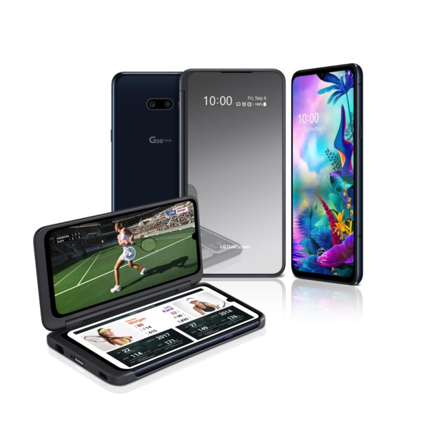 The front and rear view of the LG G8X ThinQ in Aurora Black and the upgraded LG Dual Screen, with the front device showing a tennis match on the Dual Screen with game stats on the main screen