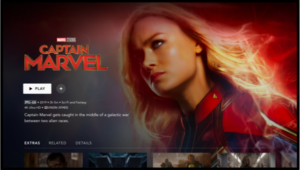 The Disney+ app on a television displays the content information and play button for superhero movie Captain Marvel.