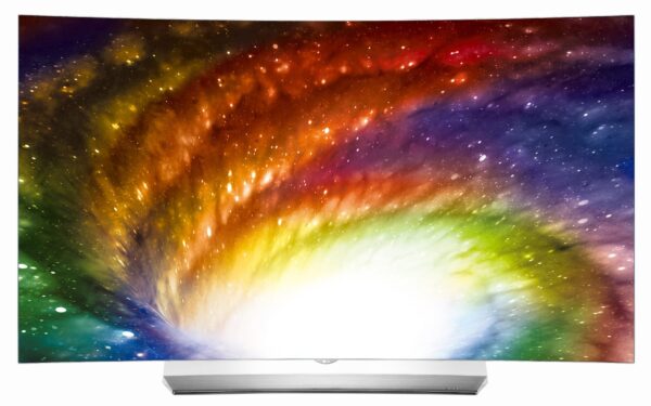 Front view of one of LG’s TVs, model OLED55C6K, displaying colorful imagery to commemorate the new partnership between LG and Bang & Olufsen.